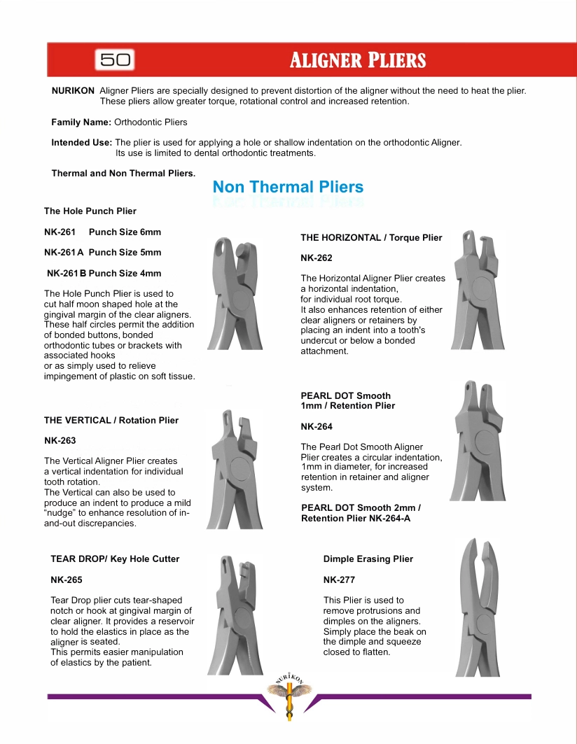 Clear Aligner Pliers Catalogue - Precise pliers for creating pressure points, indentations, and grooves in clear aligners.